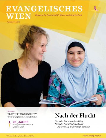 Magazin "Evangelisches Wien", Cover der Ausgabe 1_2016, zwei Frauen, eine mit Kopftuch