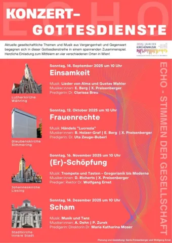Aktuelle gesellschaftliche Themen und Musik aus Vergangenheit und Gegenwart begegnen sich in dieser Gottesdienstreihe in einem spannenden Zusammenspiel. Herzliche Einladung zum Mitfeiern an vier verschiedenen Orten in Wien!