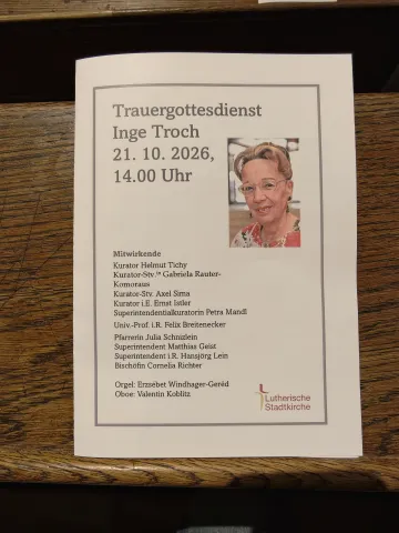 Gedenkgottesdienst Inge Troch in der Lutherischen Stadtkirche
