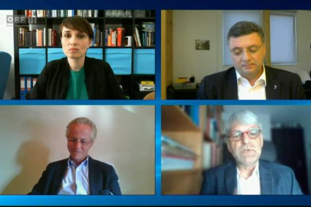 Virtuelle Diskussionsrunde: Sigrid Maurer (Grüne), Jörg Leichtfried (SPÖ), der Theologe Ulrich Körtner und Georg Kapsch von der Industriellenvereinigung (im Uhrzeigersinn). Foto: ORF/Screenshot