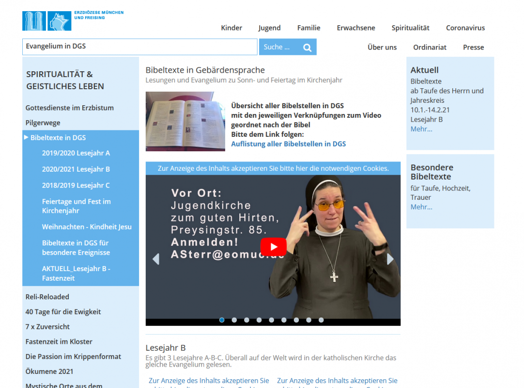 Screenshot von https://www.erzbistum-muenchen.de/spiritualitaet/evangelium-in-dgs Screenshot von https://www.erzbistum-muenchen.de/spiritualitaet/evangelium-in-dgs
