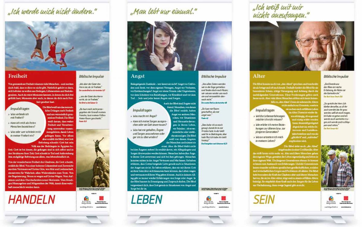 Die Ausstellung besteht aus sieben Themen-Modulen mit jeweils drei Impuls-Tafeln und einer Begrüßungstafel.Je nachdem, wohin auf den einzelnen Tafeln der Blick der Betrachter fällt, ist ein Impuls zu finden. Foto: Österreichische Bibelgesellschaft Die Ausstellung besteht aus sieben Themen-Modulen mit jeweils drei Impuls-Tafeln und einer Begrüßungstafel.Je nachdem, wohin auf den einzelnen Tafeln der Blick der Betrachter fällt, ist ein Impuls zu finden. Foto: Österreichische Bibelgesellschaft