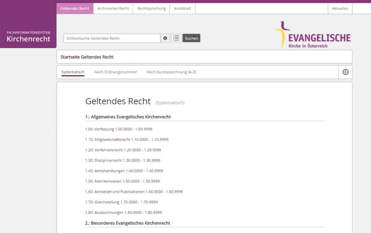 Die neue Website erleichtert den Zugang zu Dokumenten und die gezielte Suche nach Schlagwörtern. Foto: www.kirchenrecht.at/Screenshot