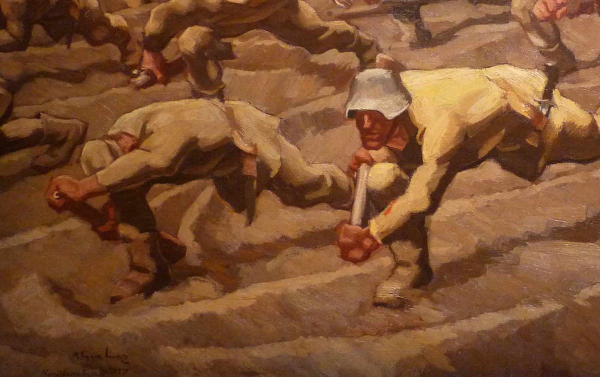 Künstlerisches Zeugnis des Ersten Weltkriegs: Albin Egger-Lienz&#039; Gemälde &quot;Nordfrankreich, 1917&quot; (Detail). Foto: wikimedia/Ji-Elle