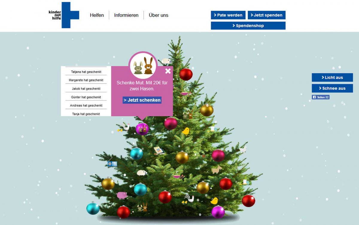 Schulsachen, Schafe, Hühner - jede Kugel am Kindernothilfe-Weihnachtsbaum ist ein mögliches Geschenk. Foto: Screenshot/Kindernothilfe