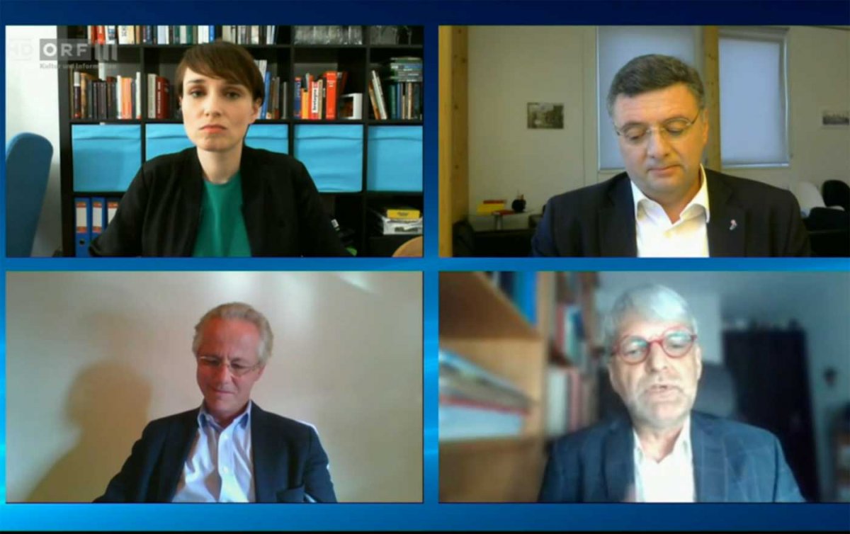 Virtuelle Diskussionsrunde: Sigrid Maurer (Grüne), Jörg Leichtfried (SPÖ), der Theologe Ulrich Körtner und Georg Kapsch von der Industriellenvereinigung (im Uhrzeigersinn). Foto: ORF/Screenshot Virtuelle Diskussionsrunde: Sigrid Maurer (Grüne), Jörg Leichtfried (SPÖ), der Theologe Ulrich Körtner und Georg Kapsch von der Industriellenvereinigung (im Uhrzeigersinn). Foto: ORF/Screenshot