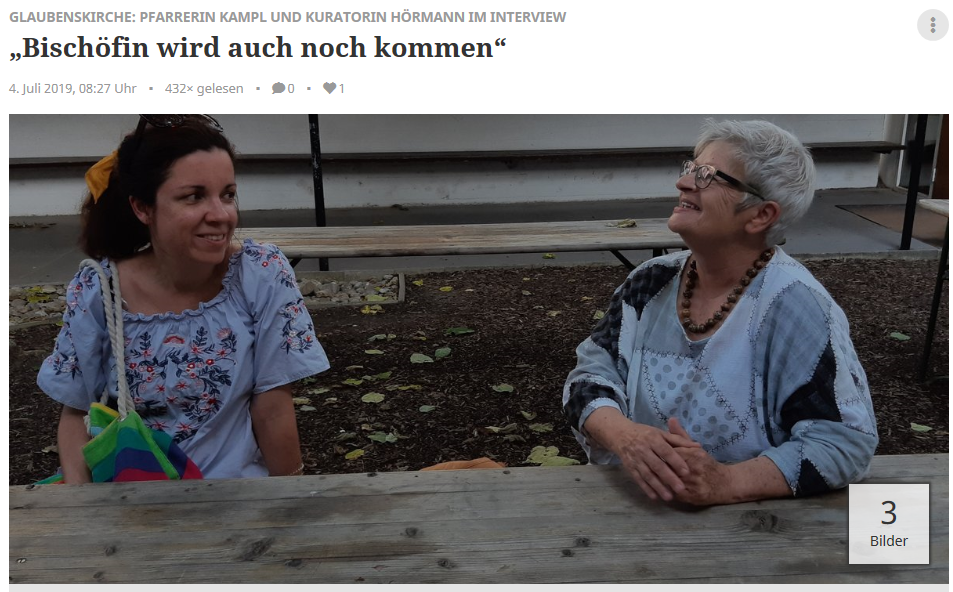 Pfarrerin Anna Kampl (links) und Kuratorin Eva Hörmann beim Doppel-Interview im abendlichen Hof der Simmeringer Glaubenskirche. Foto: Christian Buchar/Screenshot meinbezirk.at Pfarrerin Anna Kampl (links) und Kuratorin Eva Hörmann beim Doppel-Interview im abendlichen Hof der Simmeringer Glaubenskirche. Foto: Christian Buchar/Screenshot meinbezirk.at