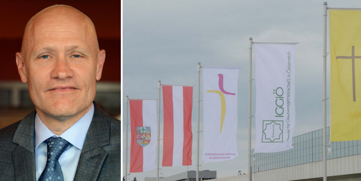 Superintendent Matthias Geist fordert eine sichtbare Gestaltung des „Campus der Religionen“, auf dessen Konzept bislang nur Fahnen aufmerksam machen. Fotocollage: Evangelische Kirche A.B. in Wien, kathbild/Rupprecht Superintendent Matthias Geist fordert eine sichtbare Gestaltung des „Campus der Religionen“, auf dessen Konzept bislang nur Fahnen aufmerksam machen. Fotocollage: Evangelische Kirche A.B. in Wien, kathbild/Rupprecht