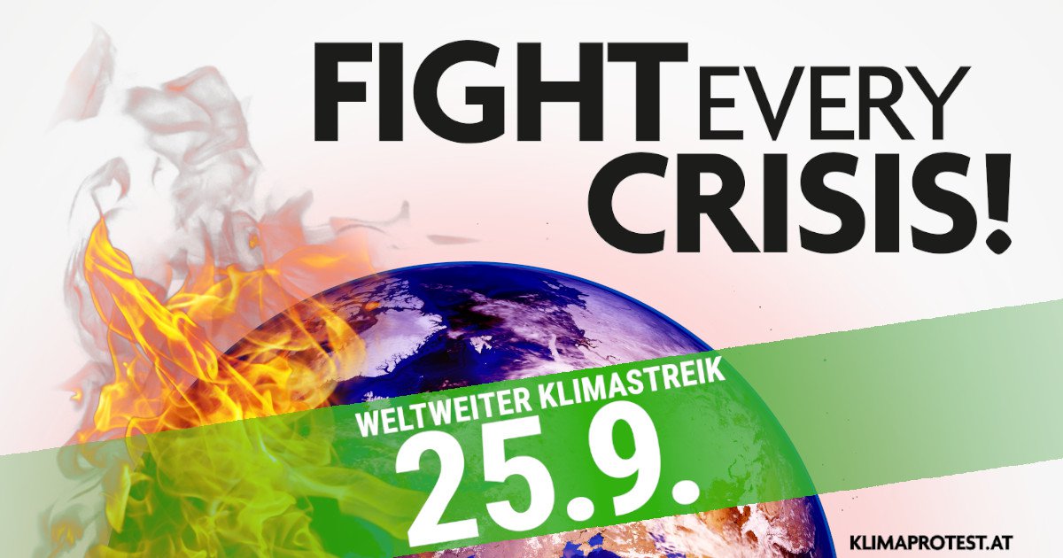 Wir fordern: Tut das auch bei der Klimakatastrophe! Grafik: klimaprotest.at Zu sehen ist eine Erde, die zur Hälfte in Flammen steht.